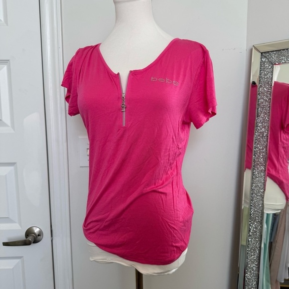Bebe Pink Zippered Women's Top T-Shirt Y2K rhinestone M - Picture 2 of 5